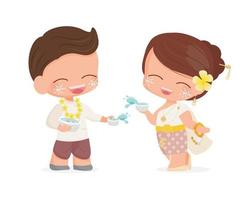 feliz pareja joven disfruta del festival de año nuevo del agua tailandesa de songkran en vestido tradicional eps10 ilustración de vectores