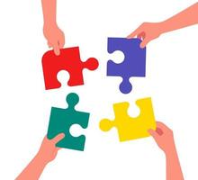 Arms with piece of puzzle in hand vector illustration. Concept teamwork metaphor