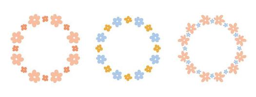 conjunto de bonitas coronas florales con diminutas flores aisladas en fondo blanco. ilustración plana vectorial dibujada a mano. perfecto para tarjetas, invitaciones, decoraciones, logo, varios diseños. vector