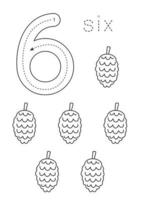 Flashcard number 6. Preschool worksheet. Black and white pine cones. vector