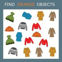 Find the orange clothes character among others. Looking for orange. Logic game for children. vector