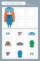 juego educativo para un niño elige la ropa que lleva la niña entre todas las opciones, corta y pega vector