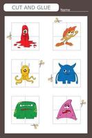 worksheet vector design, the task is to cut and glue a piece on colorful  monsters.  Logic game for children.