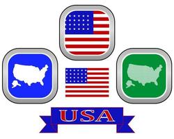 Botón de mapa del símbolo de los Estados Unidos de América de diferentes colores sobre un fondo blanco. vector