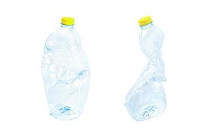 Plastic water bottle with empty crumpled used isolated on white background, reuse, recycle, pollution, environment, ecology, waste concept. photo