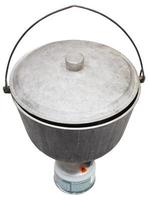 above view of camping sooty pot on gas burner photo