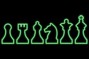 Set of chess figures on black background. Simple neon green outline. Illustration vector