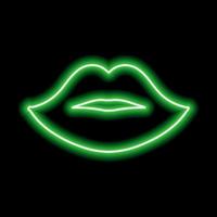 Green neon lips on a black background. The contour of the women's lips. Kiss