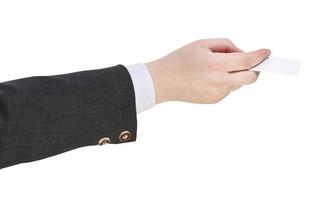 side view of blank business card in male hand photo