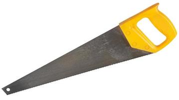 crosscut hand saw with yellow handle isolated photo