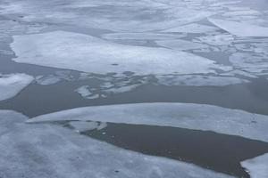 Spring thin ice on the surface of the river. Ice drift. photo