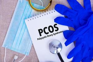 PCOS Polycystic Ovary Syndrome, the text is written on a notepad, a disposable medical mask, medical gloves, a stethoscope on a linen background. photo