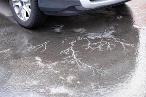 Surface of a snowy, slippery road on a winter day. photo