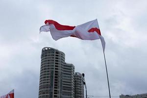 Peaceful protest in Minsk. Flag of Belarus. White red white photo