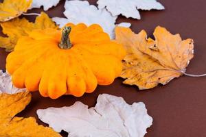 otoño, arce, hojas amarillas secas, calabaza, sobre un fondo de madera antiguo con espacio para copiar. foto