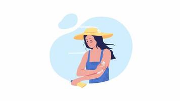 Animated isolated apply sunscreen. Looped flat 2D character 4k video footage with alpha channel. Girl protecting skin from sun in summer. Colorful animation for mobile, website, social media