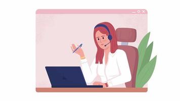 Animated isolated call center agent. Woman with headset. Looped flat 2D character 4k video footage with alpha channel. Answering customer call. Colorful animation for mobile, website, social media