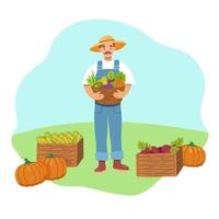 Happy male farmer holding basket with vegetables. Useful and tasty local foods. Design concept of private farm. Vector illustration in flat cartoon style