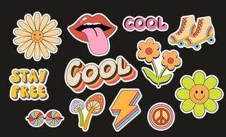 Groovy stickers set with mushrooms, lips and flower. Vector flat illustration with trippy lettering. Weird retro graphic 70s and y2k