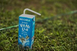 Blitar, Indonesia - September 11th 2022, Simple milk box from Indomilk with grass background. High angle view photo