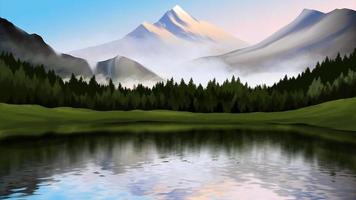 ilustración de paisaje de picos de montaña con lago y reflexión. foto