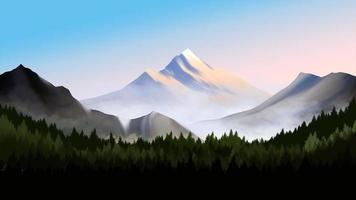 Mountain peaks landscape illustration with pine forest