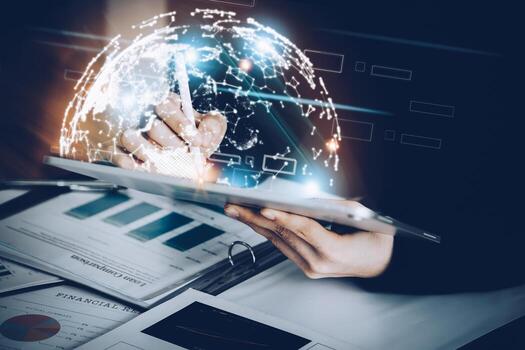 Business woman using a tablet to work through the internet technology for the digital marketing era, data analysis, metaverse, big data, Business global internet, global network and data exchanges. photo