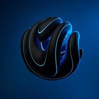 Abstract art with surreal 3d organic ball in curve wavy smooth and soft bio forms in matte aluminium metal material inside glass sphere with blue light on black background. 3d rendering photo