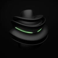 Curve wavy spherical biological lines forms in matte black rubber material on isolated black background. Abstract black hat with green light effect. 3d rendering photo