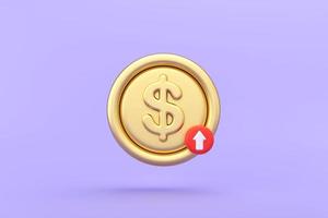 3D money coin saving wtith red arrow pointing up on pastel purple background. bundles cash and floating coins exchange with finance business concept, Gold metal money icon.3d rendering. photo