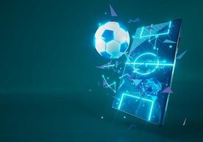 pelota de fútbol con efecto de movimiento de pantalla de teléfono inteligente. diseño de concepto deportivo. ilustrador 3d. fondo azul. deporte en línea en vivo. diseño de casino de apuestas. competición de goles. procesamiento de objetos 3d. gráfico de movimiento foto