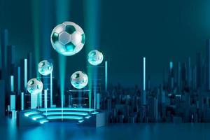 football 3d object in the abstract background, arena concept design, copy space, 3d illustration, glow neon light text frame, 3d rendering element, soccer game sport, sports equipment, realistic ball photo