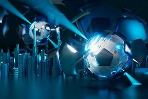 football 3d object in the abstract background, arena concept design, copy space, 3d illustration, glow neon light text frame, 3d rendering element, soccer game sport, sports equipment, realistic ball photo