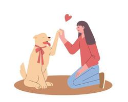 una niña y un perro chocan los cinco. ilustración vectorial de estilo de diseño plano. vector