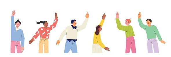 People raise their hands and say hello. flat design style vector illustration.
