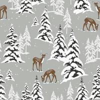 Snowy landscape seamless pattern with deer, chalet and snowy pine trees. Perfect for textile, wallpaper or print design. vector