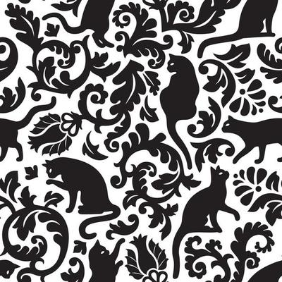 Seamless black and white cat damask pattern.
