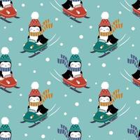 Seamless pattern with cute penguins on snowmobile. Perfect for textile, wallpaper or print design. vector