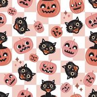 patrón sin costuras con gatos negros de halloween vintage sobre fondo ondulado a cuadros. perfecto para el diseño textil, de papel tapiz o de impresión. vector