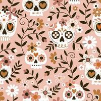 Hand drawn seamless pattern with cute sugar skulls and flowers. Perfect for fabric or wrapping paper. vector