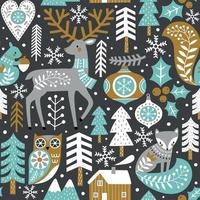 patrón impecable con lindos animales del bosque, bosques y copos de nieve sobre fondo gris oscuro. ilustración navideña escandinava. vector