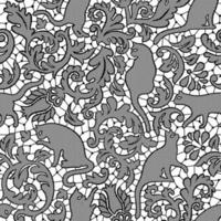 Cat damask lace seamless pattern on white background. vector