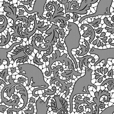 Cat damask lace seamless pattern on white background.