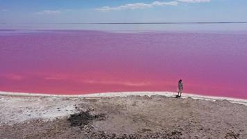 aerial view of beautiful young woman wearing white dress walking on a amazing pink lake of seawater and blue sky. Odessa, Ukraine photo