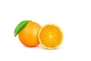 whole oranges, oranges cut in half with green leaves isolated on a white background photo