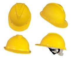 set yellow deferential helmet, construction tools for industrial safety isolated on white background photo