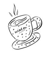 taza de café o té con letras de invierno y copos de nieve. concepto de invierno. vector, ilustración. vector