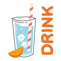 vaso de agua con naranja, hielo y pajita. concepto de cartel de bebida de verano vector