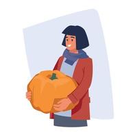 Autumn fair. Woman with pumpkins. Vector image.