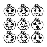 A set of Halloween pumpkin icons, hand-drawn doodles. Funny pumpkins isolated on a white background. Monster faces. Design elements for logo, badges, banners, labels, posters. Vector illustration